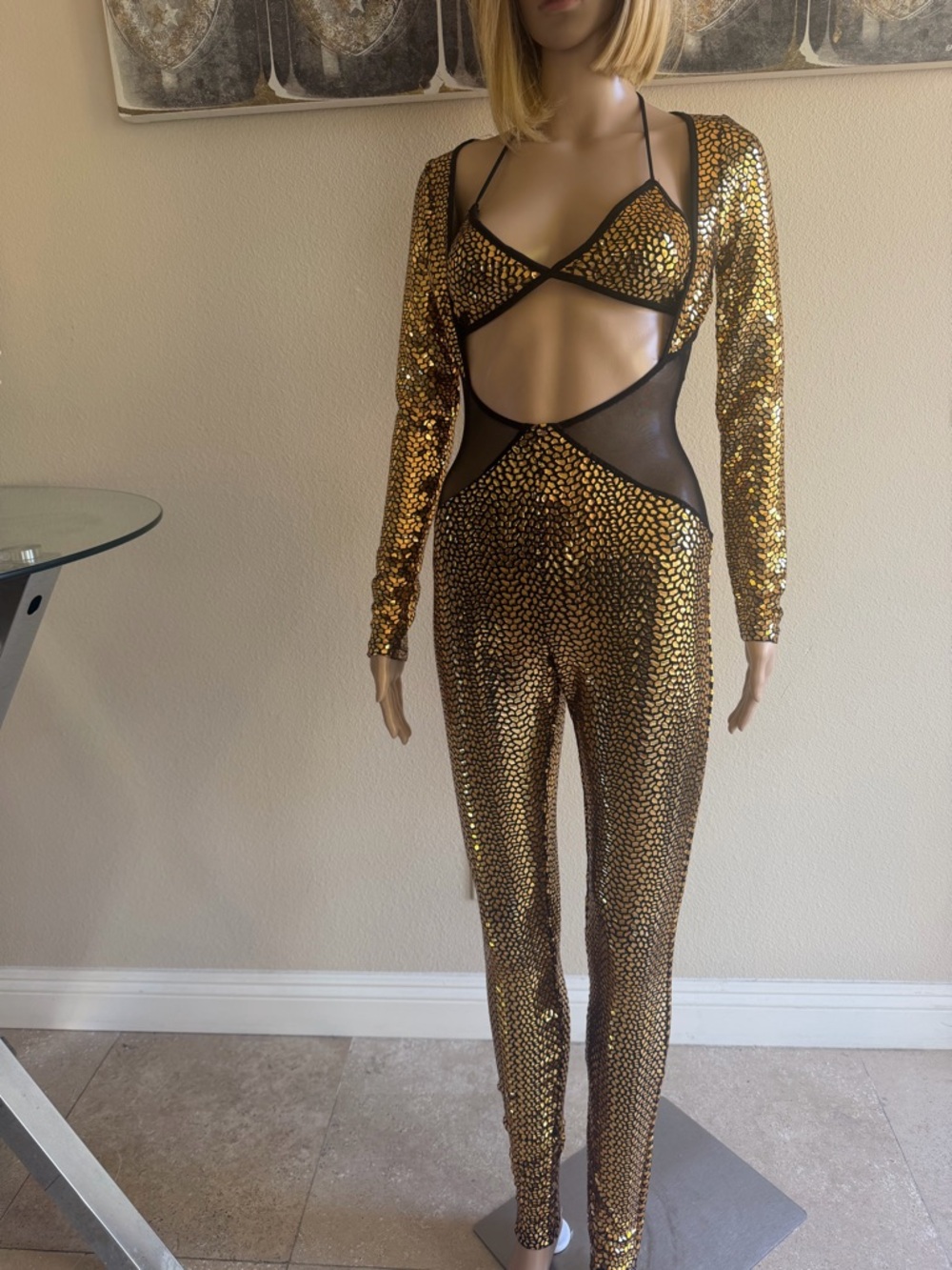 Gold Sequin Cutout Jumpsuit with Mesh Insets S